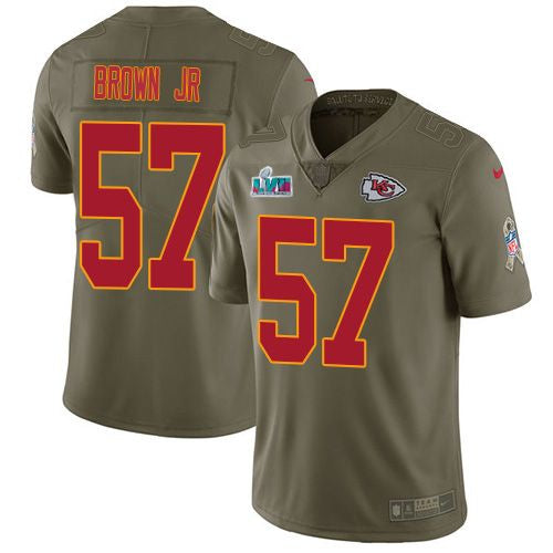 Nike Kansas City Chiefs #57 Orlando Brown Jr. Olive Super Bowl LVII Patch Youth Stitched NFL Limited 2017 Salute To Service Jersey Youth