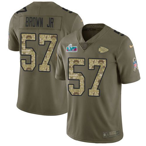 Nike Kansas City Chiefs #57 Orlando Brown Jr. Olive/Camo Super Bowl LVII Patch Youth Stitched NFL Limited 2017 Salute To Service Jersey Youth