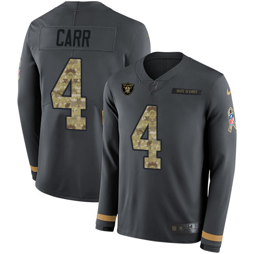 Nike Las Vegas Raiders #4 Derek Carr Anthracite Salute to Service Youth Stitched NFL Limited Therma Long Sleeve Jersey Youth