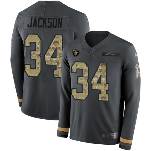 Nike Las Vegas Raiders #34 Bo Jackson Anthracite Salute to Service Youth Stitched NFL Limited Therma Long Sleeve Jersey Youth