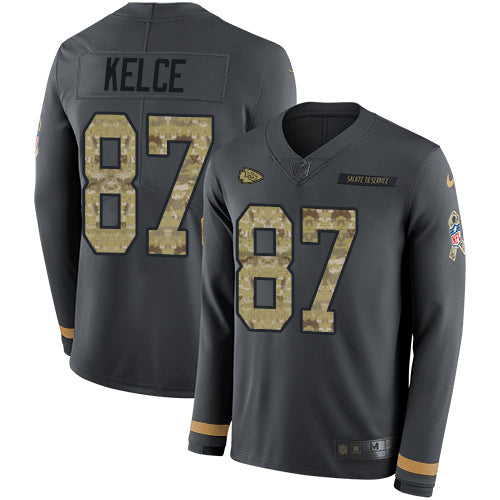 Nike Kansas City Chiefs #87 Travis Kelce Anthracite Salute to Service Men's Stitched NFL Limited Therma Long Sleeve Jersey Men's