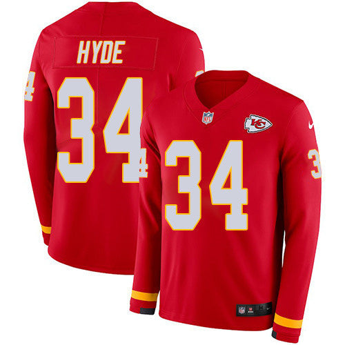 Nike Kansas City Chiefs #34 Carlos Hyde Red Team Color Men's Stitched NFL Limited Therma Long Sleeve Jersey Men's