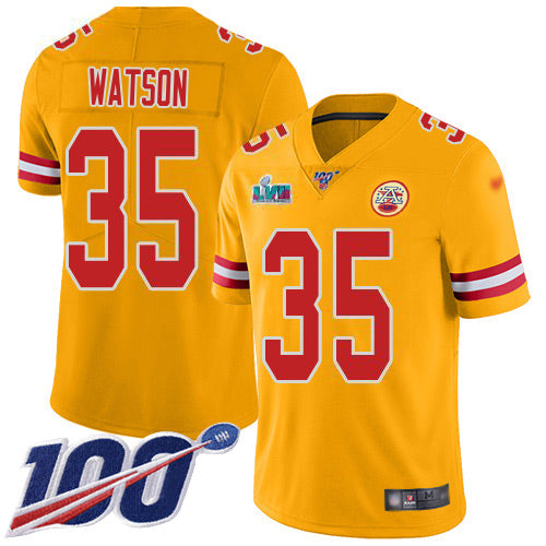 Nike Kansas City Chiefs #35 Jaylen Watson Gold Super Bowl LVII Patch Men's Stitched NFL Limited Inverted Legend 100th Season Jersey Men's
