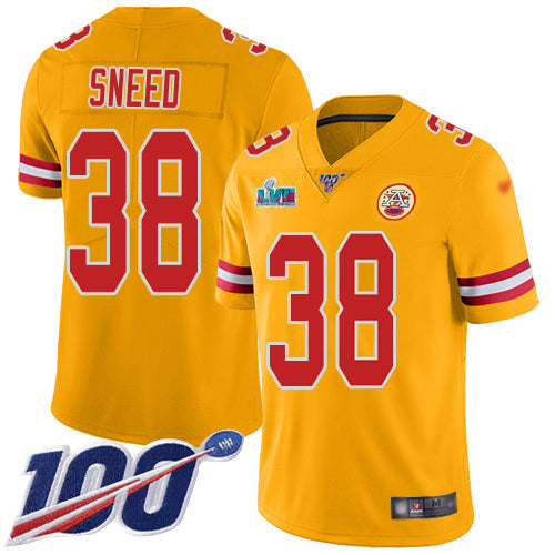 Nike Kansas City Chiefs #38 L'Jarius Sneed Gold Super Bowl LVII Patch Men's Stitched NFL Limited Inverted Legend 100th Season Jersey Men's