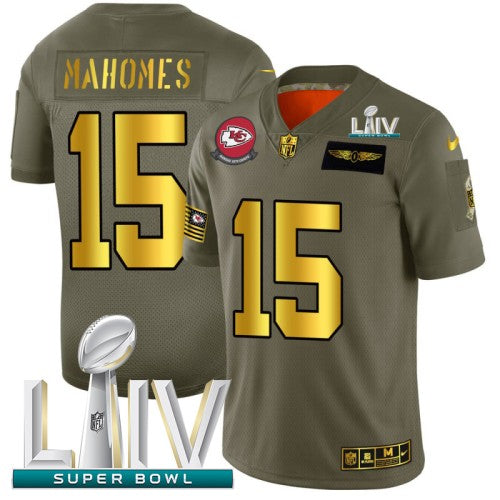 Kansas City Kansas City Chiefs #15 Patrick Mahomes NFL Men's Nike Olive Gold Super Bowl LIV 2020 2019 Salute to Service Limited Jersey Men's