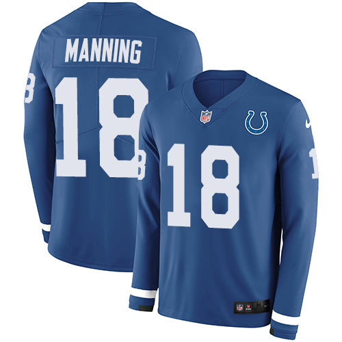 Nike Indianapolis Colts #18 Peyton Manning Royal Blue Team Color Men's Stitched NFL Limited Therma Long Sleeve Jersey Men's