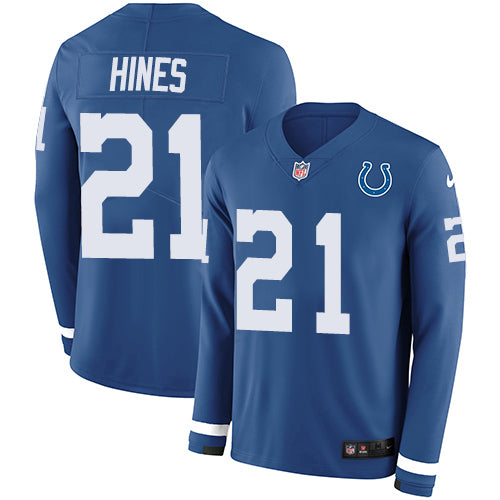 Nike Indianapolis Colts #21 Nyheim Hines Royal Blue Team Color Men's Stitched NFL Limited Therma Long Sleeve Jersey Men's