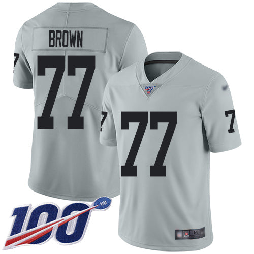 Nike Las Vegas Raiders #77 Trent Brown Silver Men's Stitched NFL Limited Inverted Legend 100th Season Jersey Men's