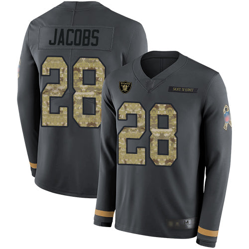 Nike Las Vegas Raiders #28 Josh Jacobs Anthracite Salute to Service Men's Stitched NFL Limited Therma Long Sleeve Jersey Men's