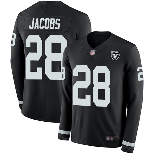 Nike Las Vegas Raiders #28 Josh Jacobs Black Team Color Men's Stitched NFL Limited Therma Long Sleeve Jersey Men's